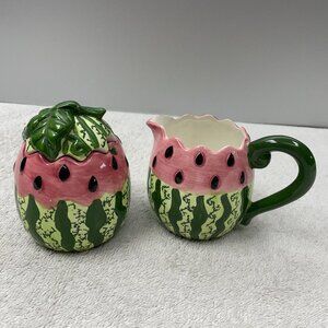 EUC Vintage 1996 Cracker Barrel Watermelon Sugar Bowl & Creamer, Ceramic, 3-4" T